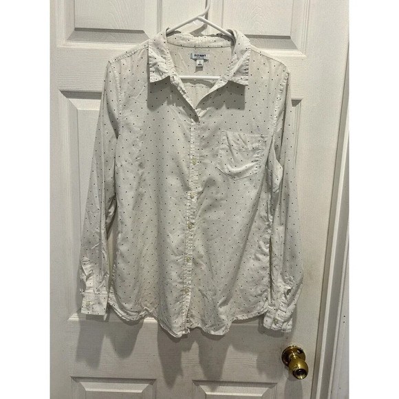 Old Navy Cream Navy Polka Dot Cotton Button Up Long Sleeve Shirt Size Large‎ - Picture 1 of 7